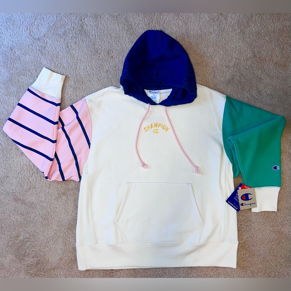 Champion Colorblock Hoodie - White with Blue, Pink & Green Sleeves- Never Worn